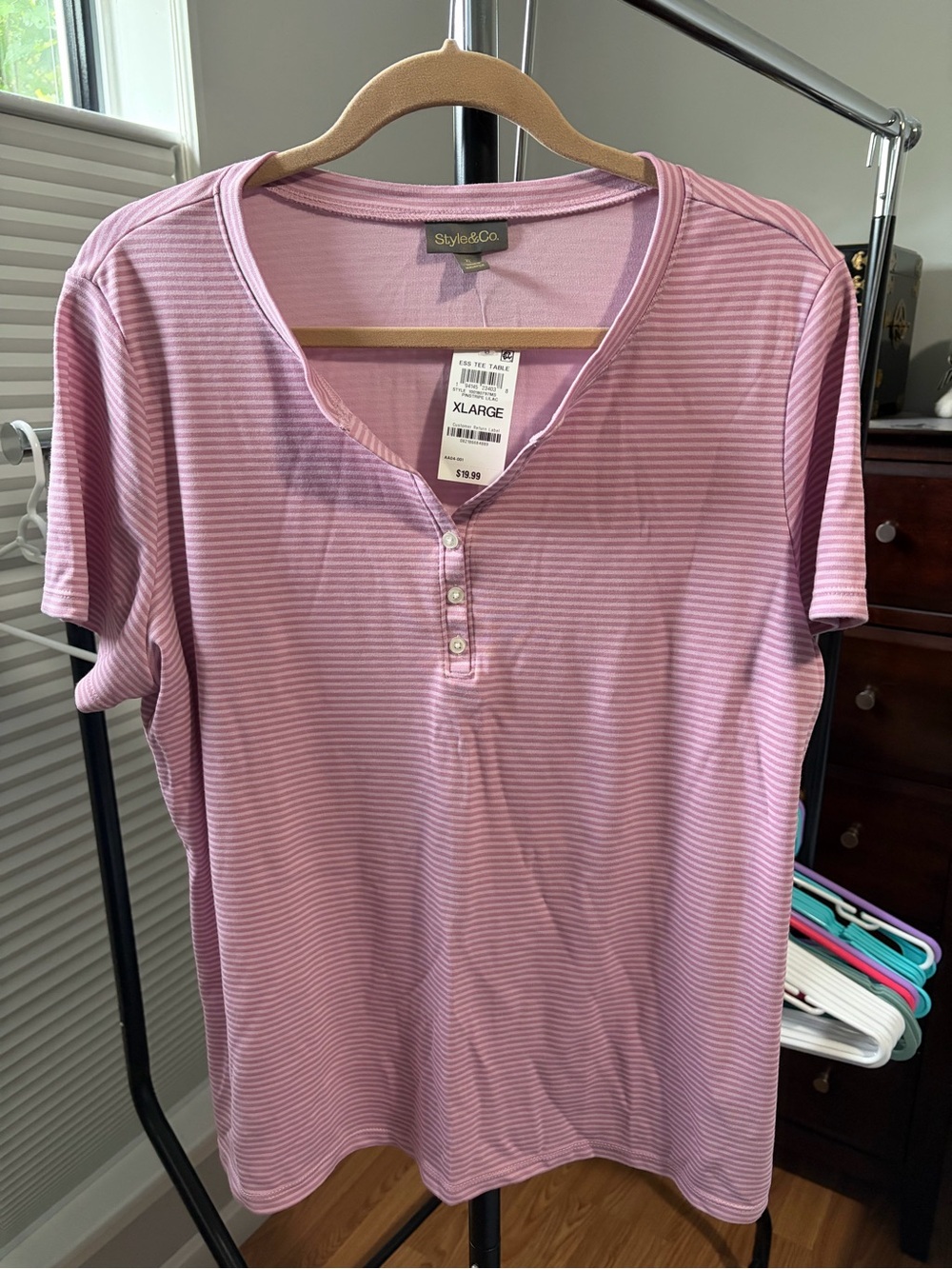 Style & Co. Lilac and Light Pink Striped Short-Sleeve Henley Tee